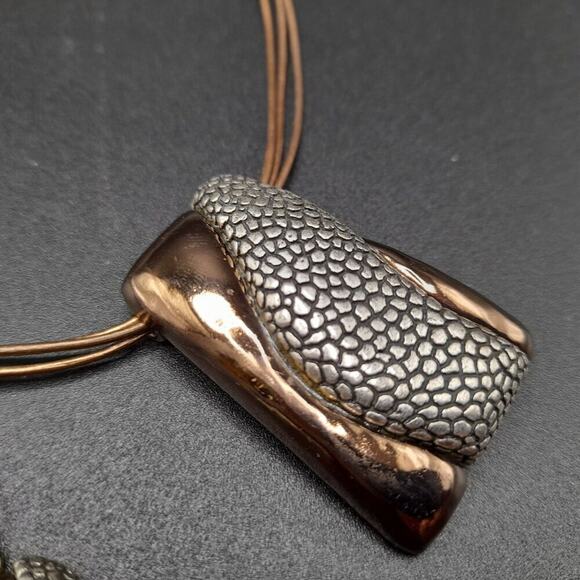 Chico's Bronze Silver Pendant Necklace Drop Earrings Set, Three Gold Cords, 20" - Picture 10 of 12